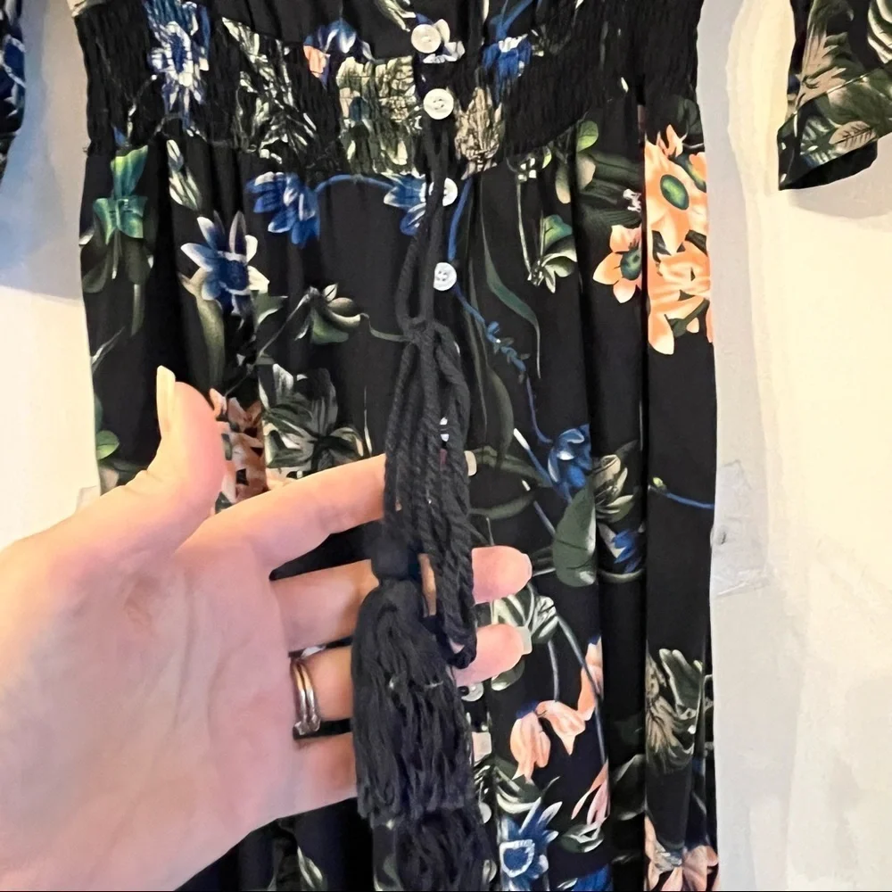 NWOT Floral Dress Navy Button Front Tassel Tie Smocked Waist Sm Cottagecore Boho